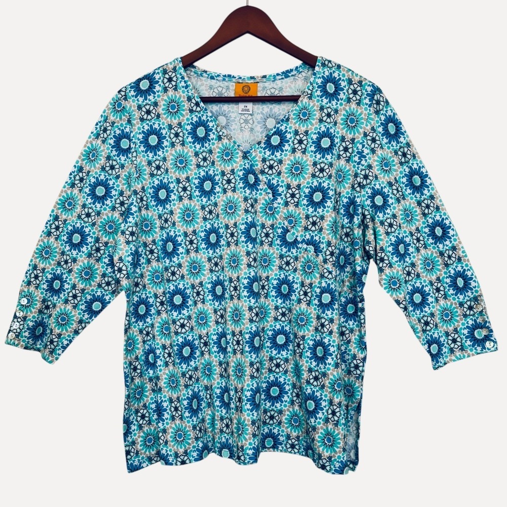 Ruby Rd Floral Medallion Faux Wrap Top Sz 2X Stretch Cotton Casual Resort NEW